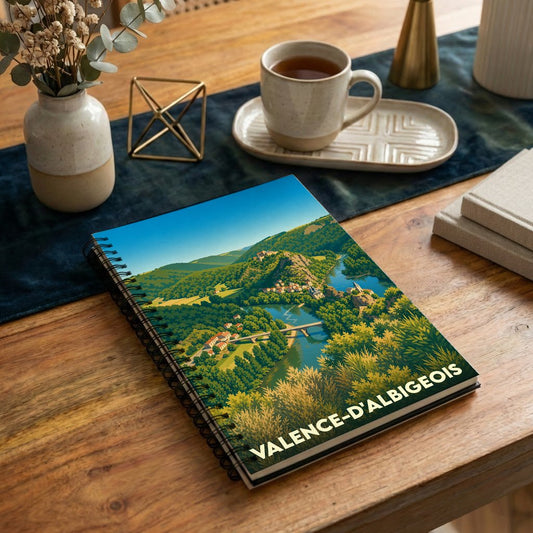 Carnet de notes souvenir de la ville de Valence-d'Albigeois avec une illustration stylisée d'un paysage de rivière.