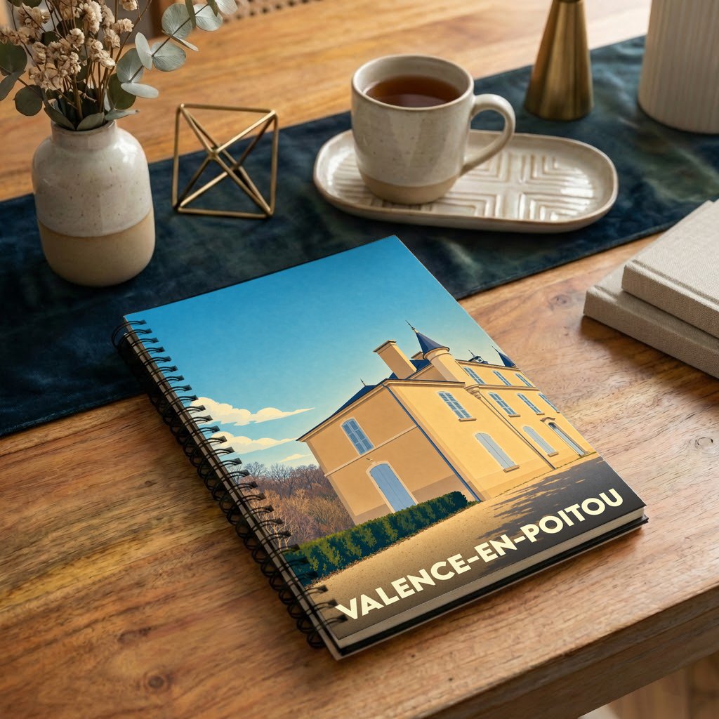 Carnet souvenir de la ville de Valence-en-Poitou avec une illustration stylisée d'un château.