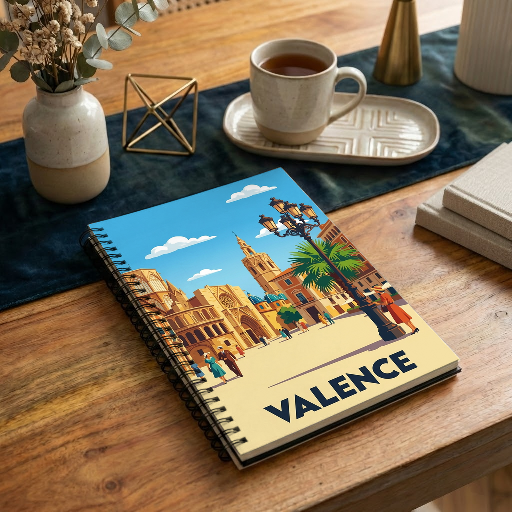 Carnet souvenir de la ville de Valence avec une illustration stylisée.