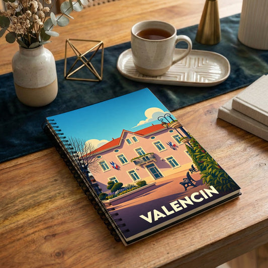 Carnet à spirales souvenir de la ville de Valencin illustré par un dessin stylisé de sa mairie.