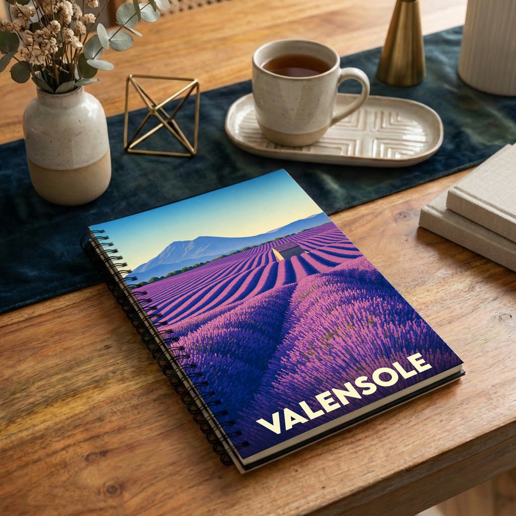 Carnet de notes souvenir de la ville de Valensole illustré par un champ de lavande stylisé.