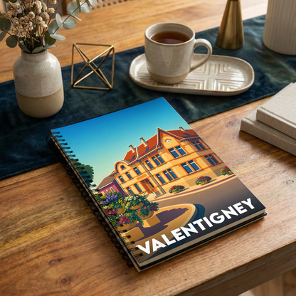 Carnet à spirales souvenir de la ville de Valentigney avec une illustration stylisée de son hôtel de ville.