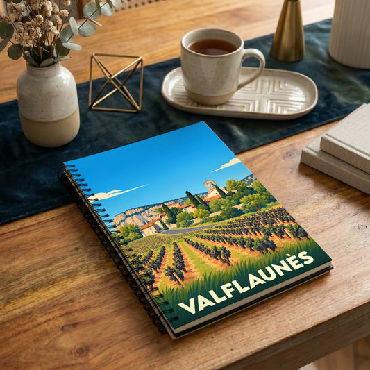 Carnet à spirales souvenir de la ville de Valflaunès avec une illustration stylisée d'un vignoble au pied d'une falaise.