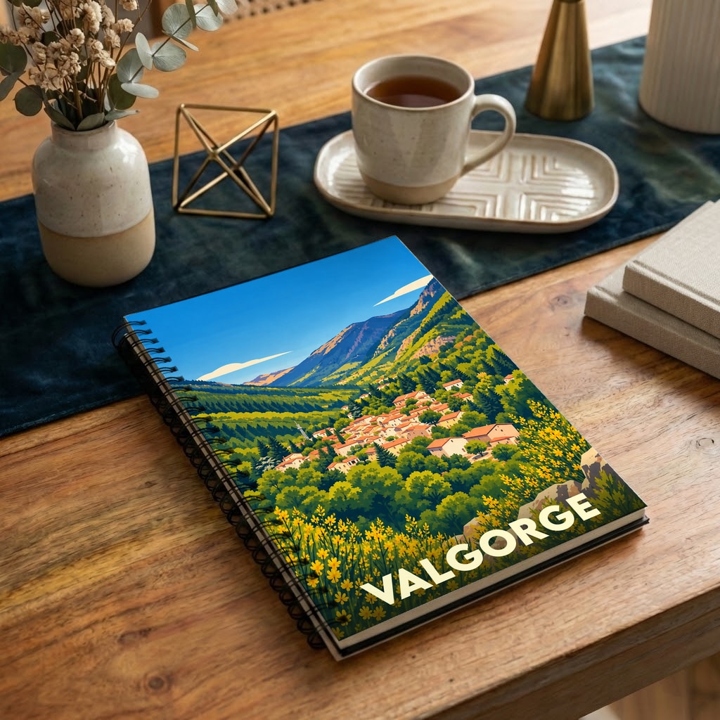 Carnet souvenir de la ville de Valgorge avec une illustration stylisée de ses paysages montagneux.
