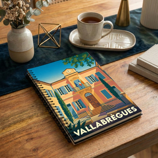 Carnet de notes souvenir de la ville de Vallabrègues avec une illustration stylisée de sa mairie.