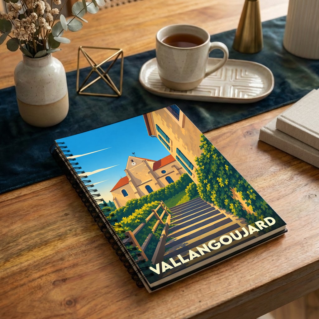 Carnet à spirales souvenir de la ville de Vallangoujard avec une illustration stylisée.
