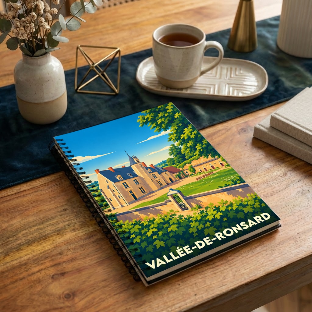 Carnet souvenir à spirale de la ville de Vallée-de-Ronsard avec une illustration colorée et stylisée de son patrimoine.