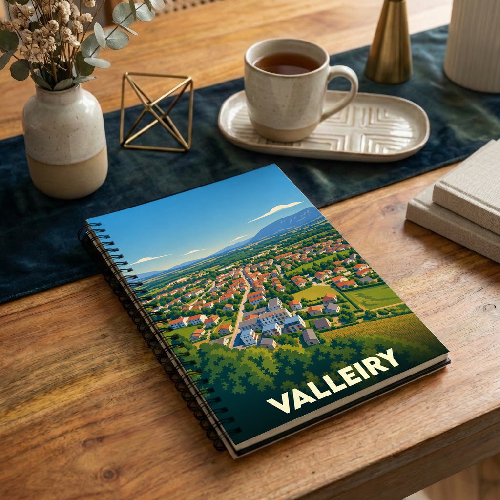 Carnet à spirales souvenir de la ville de Valleiry avec une illustration paysagère stylisée.