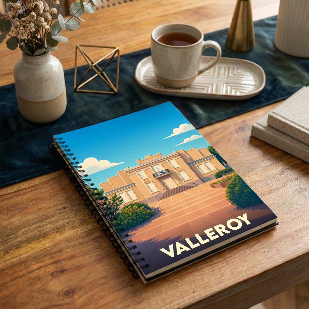 Carnet à spirales souvenir de la ville de Valleroy avec une illustration stylisée de son hôtel de ville.