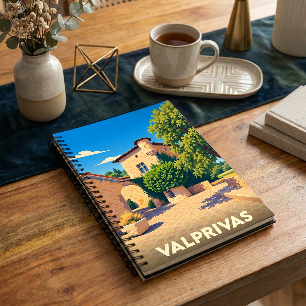 Carnet à spirale souvenir de la ville de Valprivas avec une illustration stylisée d'une demeure ancienne.
