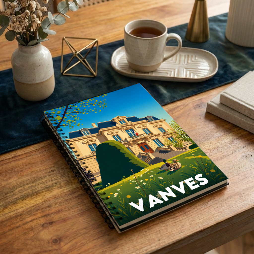 Carnet souvenir de la ville de Vanves avec une illustration stylisée d'un hôtel de ville et de son jardin.