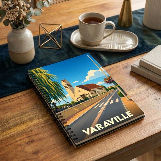 Carnet à spirales souvenir de la ville de Varaville illustré d'un paysage urbain graphique et coloré.