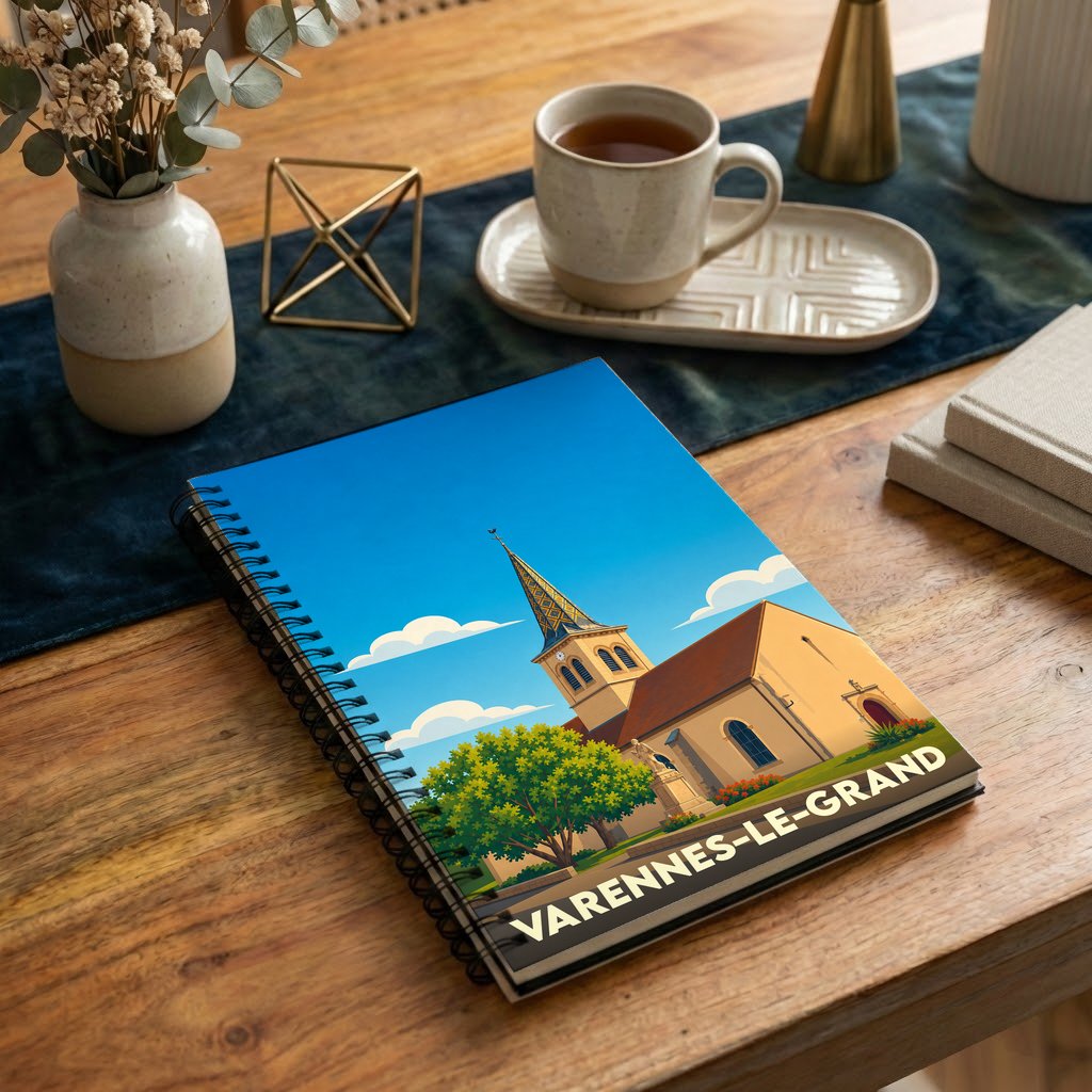 Carnet à spirales souvenir de la ville de Varennes-le-Grand avec une illustration stylisée de son église.