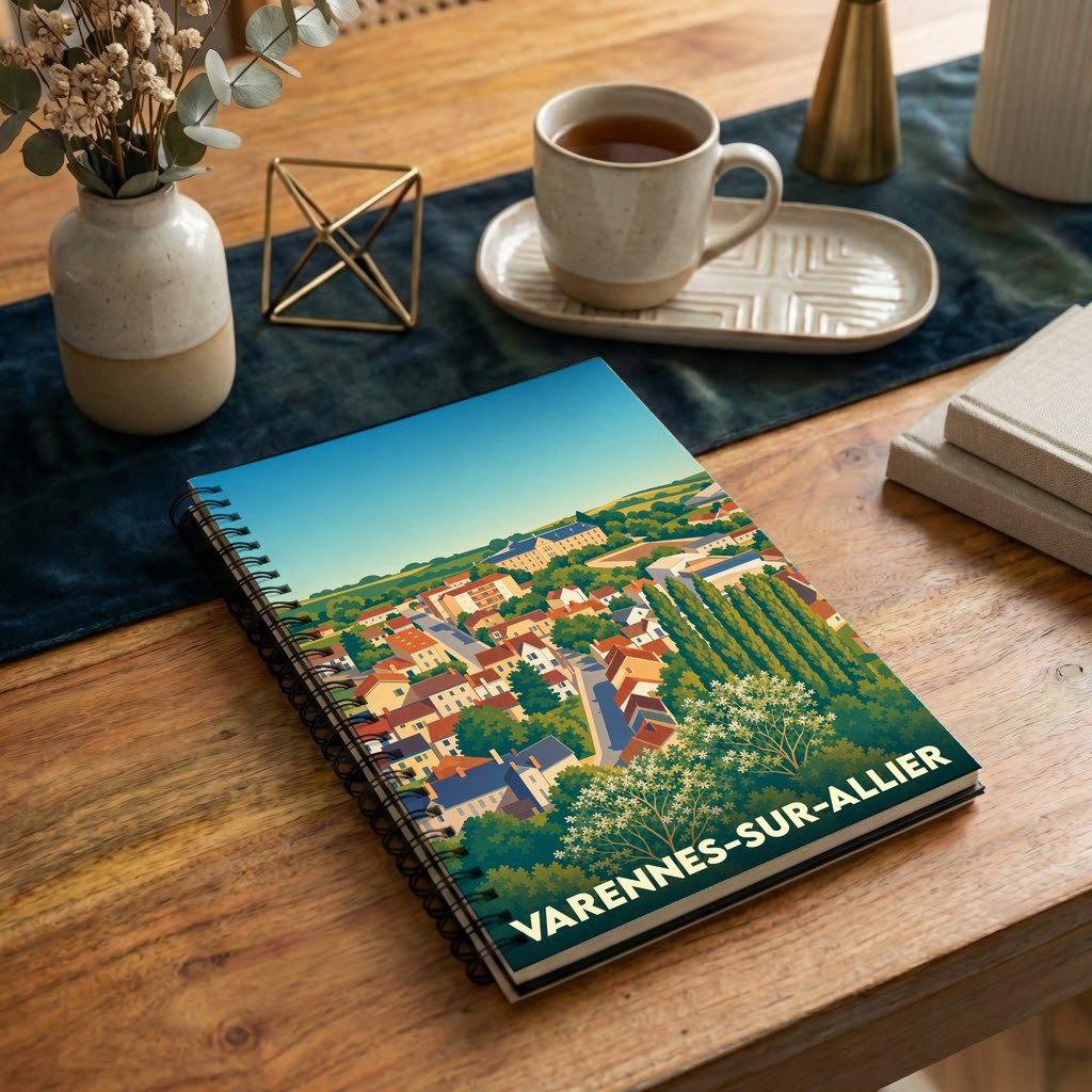 Carnet à spirales souvenir de la ville de Varennes-sur-Allier avec une illustration stylisée.