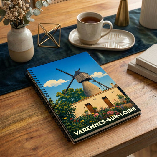 Carnet à spirales souvenir de Varennes-sur-Loire illustré d'un moulin stylisé sous un ciel bleu.