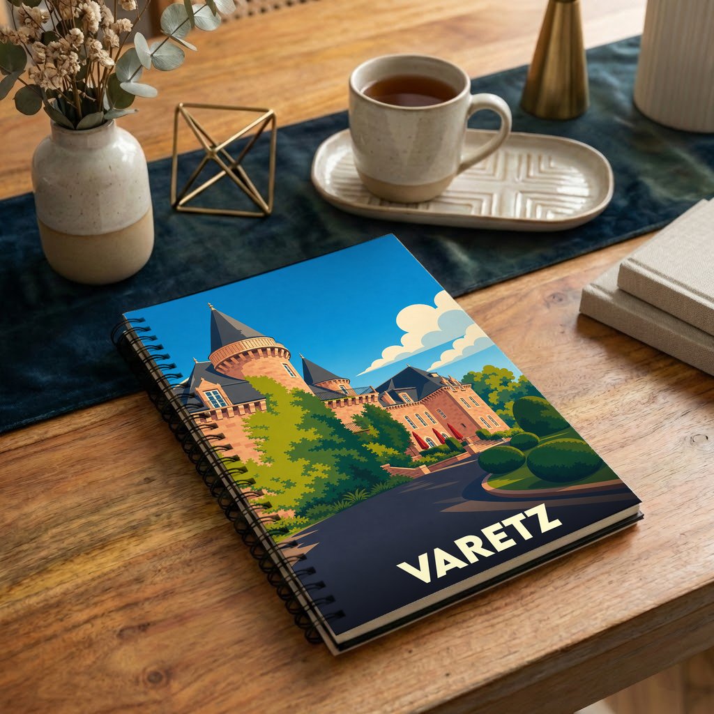 Carnet de notes à spirales souvenir de la ville de Varetz avec une illustration stylisée d'un château.