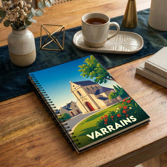 Carnet souvenir de la ville de Varrains illustré d'une église de style vintage.