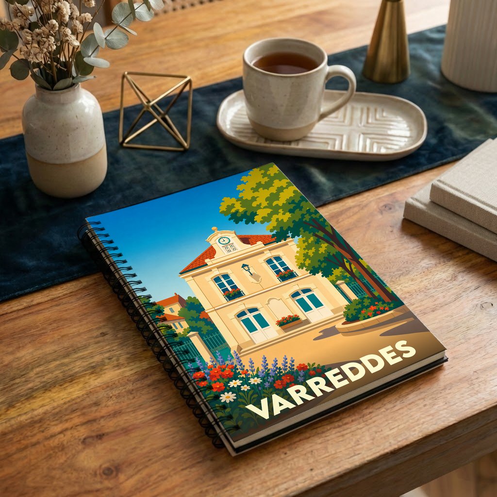 Carnet à spirales souvenir de la ville de Varreddes avec une illustration stylisée de sa mairie.