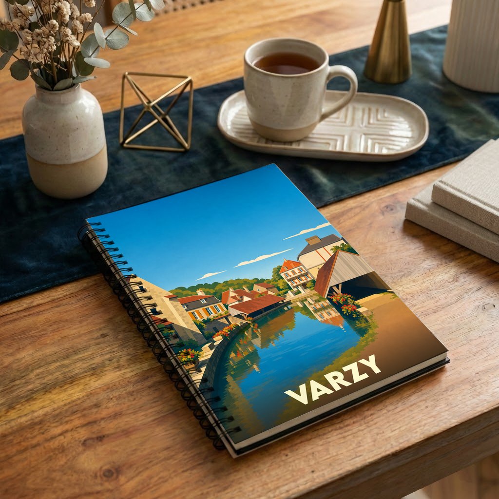 Carnet à spirales souvenir de la ville de Varzy avec une illustration stylisée de ses maisons au bord de l'eau.