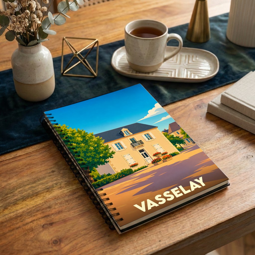 Carnet souvenir de la ville de Vasselay avec une illustration stylisée de maison française.