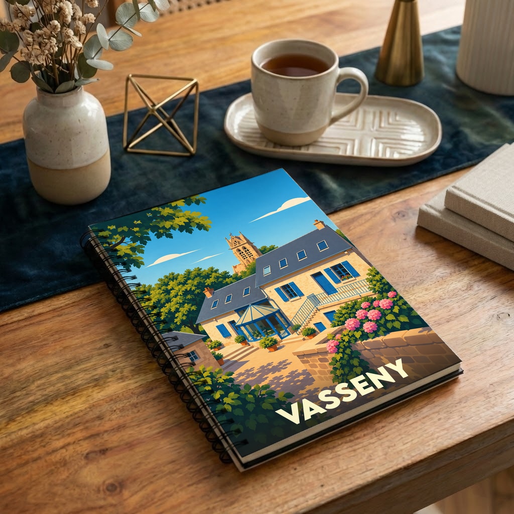 Carnet souvenir à spirale de la ville de Vasseny avec une illustration colorée et stylisée d'une maison de village.