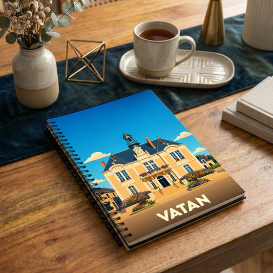 Carnet à spirales souvenir de la ville de Vatan illustré d'un dessin stylisé de son hôtel de ville.