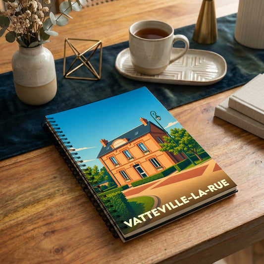 Carnet à spirales souvenir de la ville de Vatteville-la-Rue avec une illustration stylisée d'une grande demeure normande.