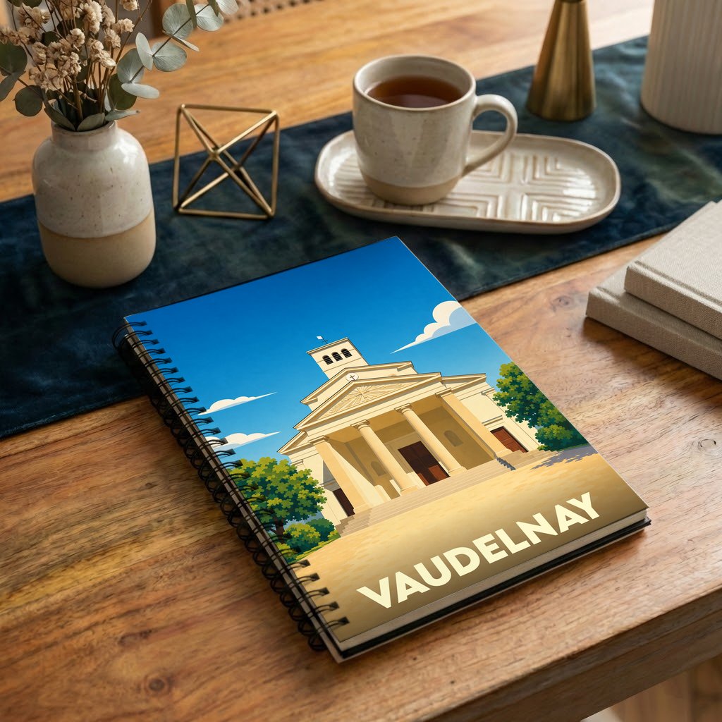 Carnet à spirales souvenir de la ville de Vaudelnay avec une illustration stylisée de son église.