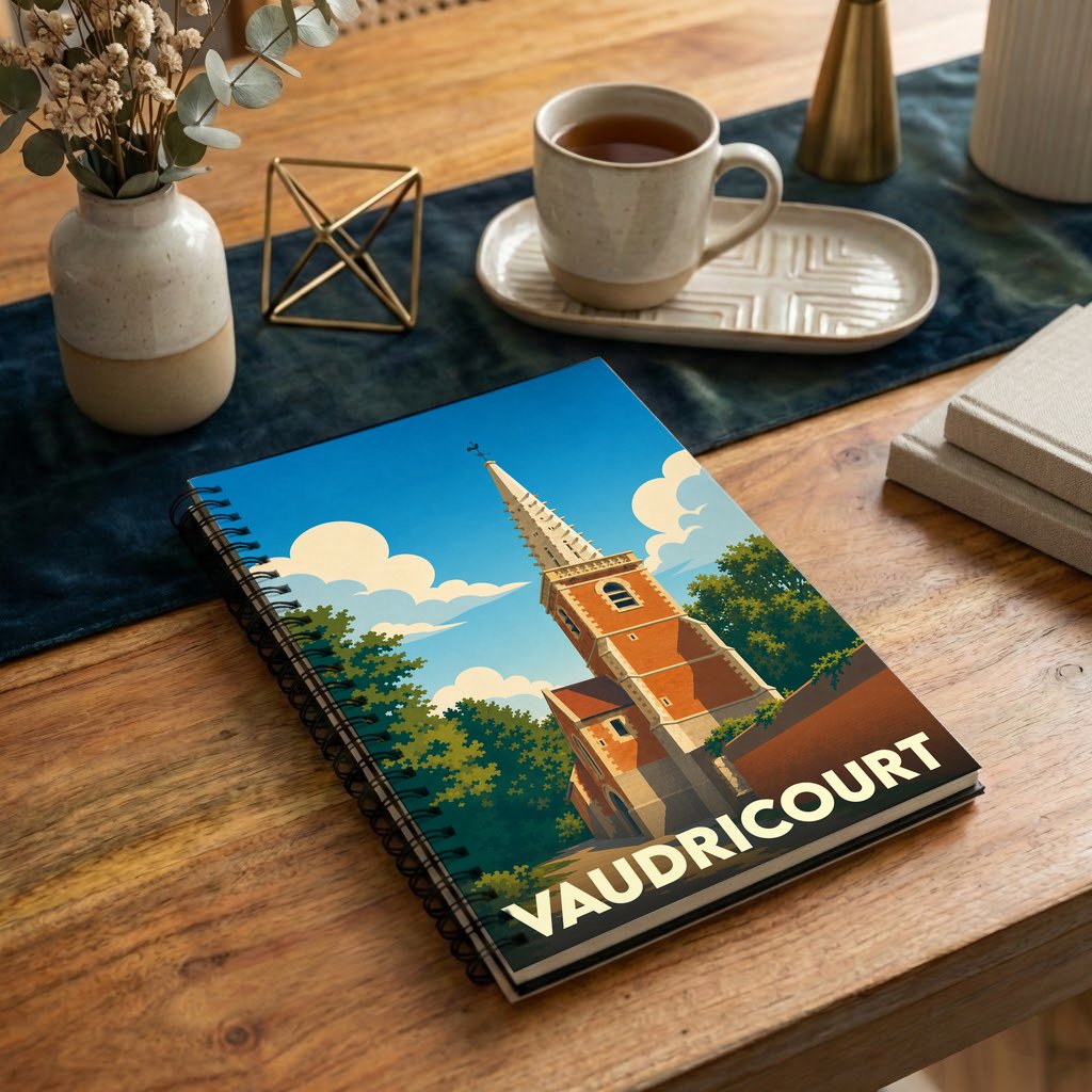 Carnet à spirales souvenir de la ville de Vaudricourt avec une illustration stylisée de son église.