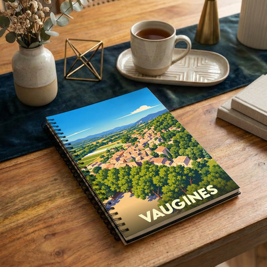 Carnet à spirales souvenir de la ville de Vaugines orné d'une illustration paysagère stylisée.