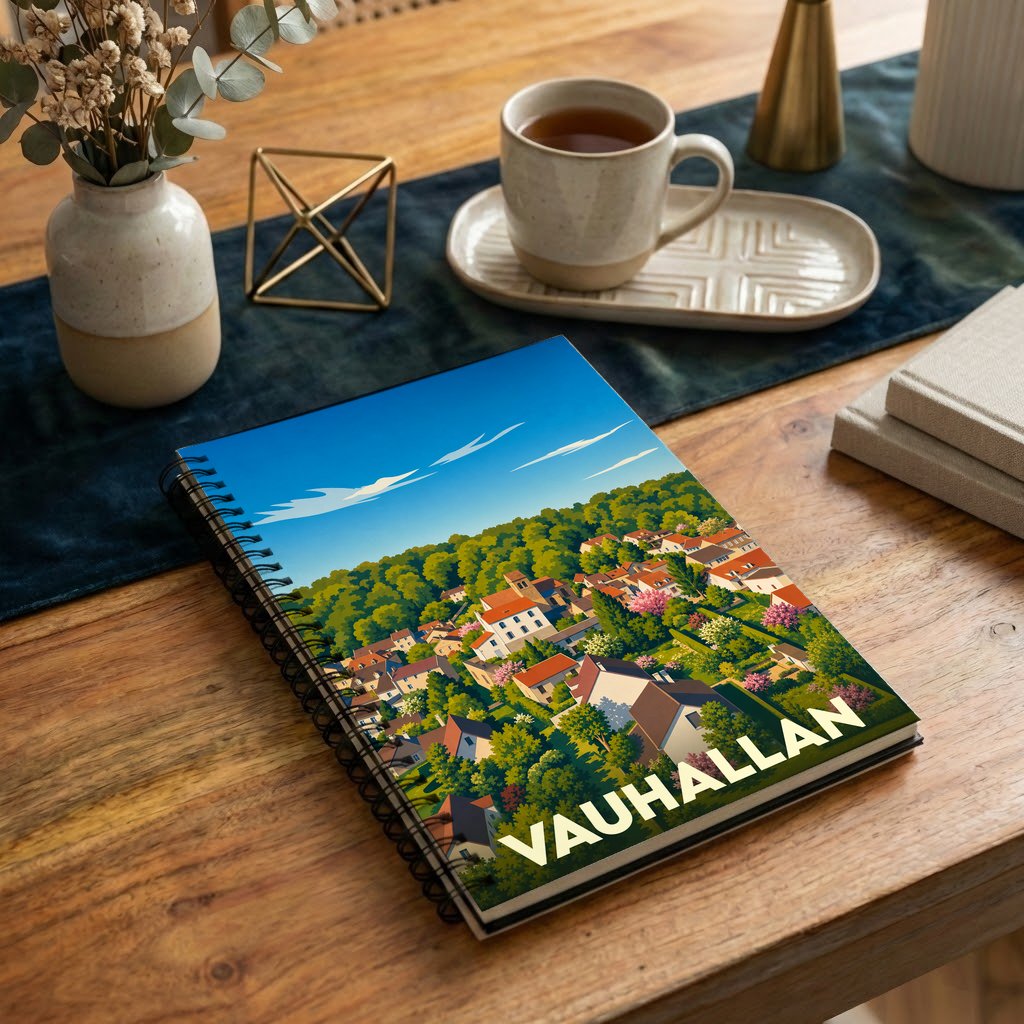 Carnet à spirales souvenir de la ville de Vauhallan avec une illustration stylisée d'un paysage urbain verdoyant.