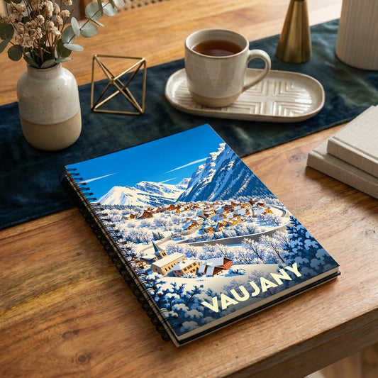 Carnet à spirale souvenir de la ville de Vaujany avec une illustration hivernale stylisée.