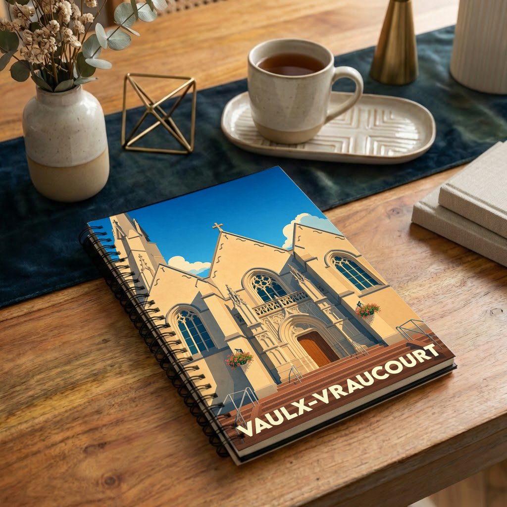 Carnet souvenir de la ville de Vaulx-Vraucourt avec une illustration stylisée de son église.