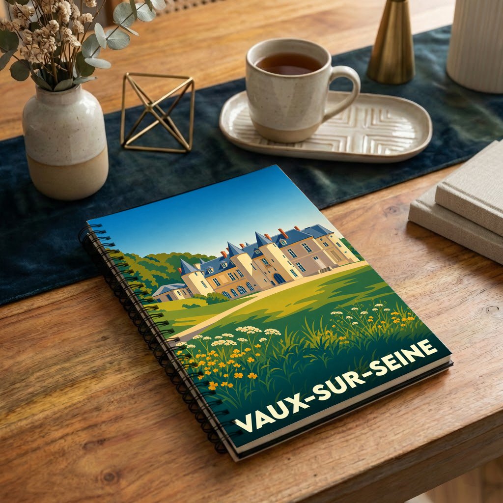 Carnet à spirales souvenir de la ville de Vaux-sur-Seine avec une illustration stylisée de son château.