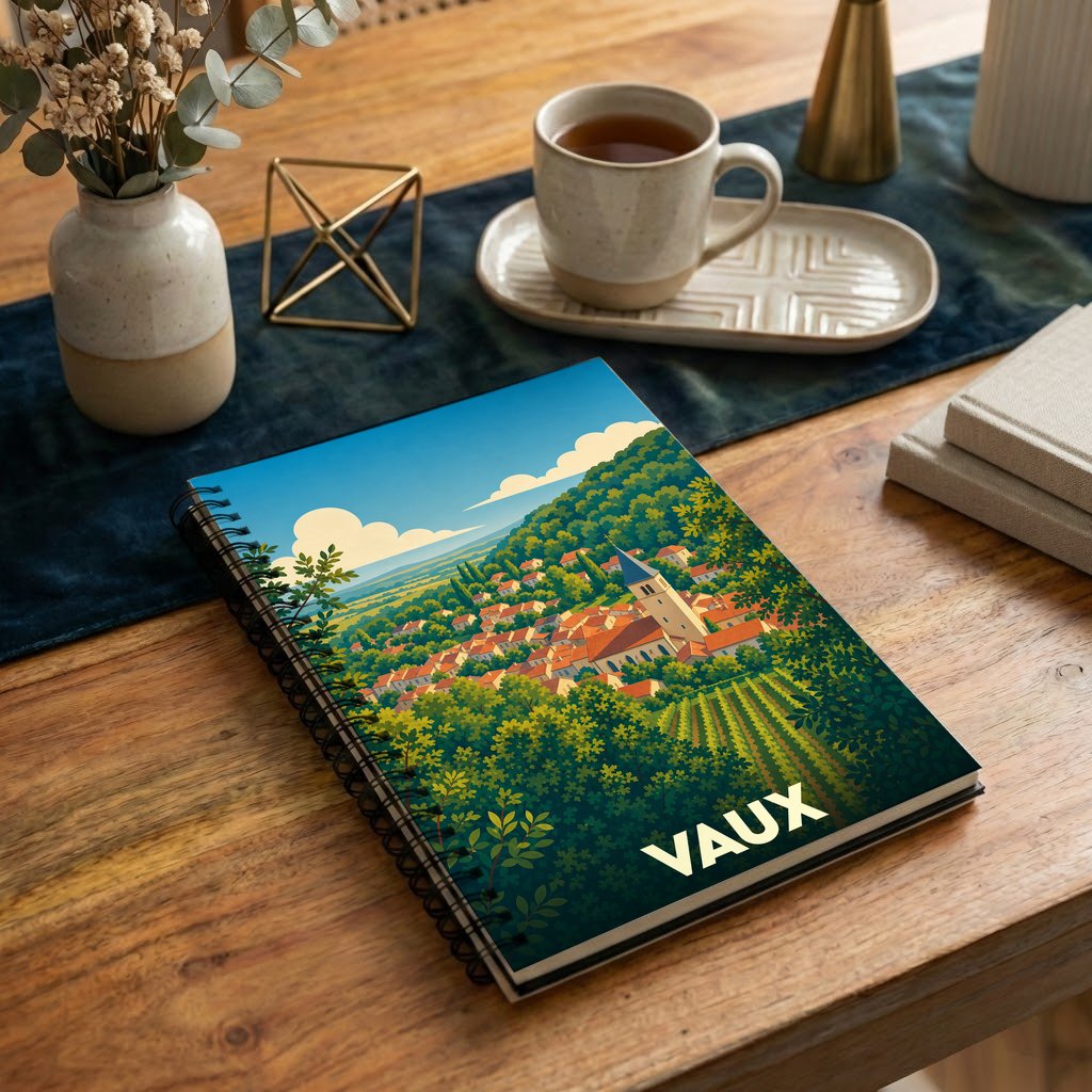 Carnet à spirale souvenir de la ville de Vaux avec une illustration stylisée de son paysage.