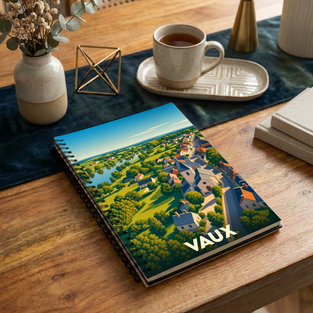 Carnet souvenir de la ville de Vaux avec une illustration stylisée de son paysage urbain et champêtre.