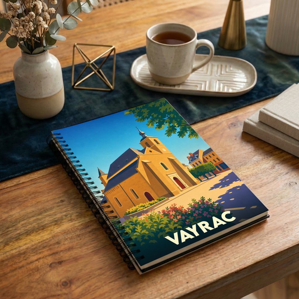 Carnet à spirales souvenir de la ville de Vayrac illustré d'un dessin stylisé de son église.