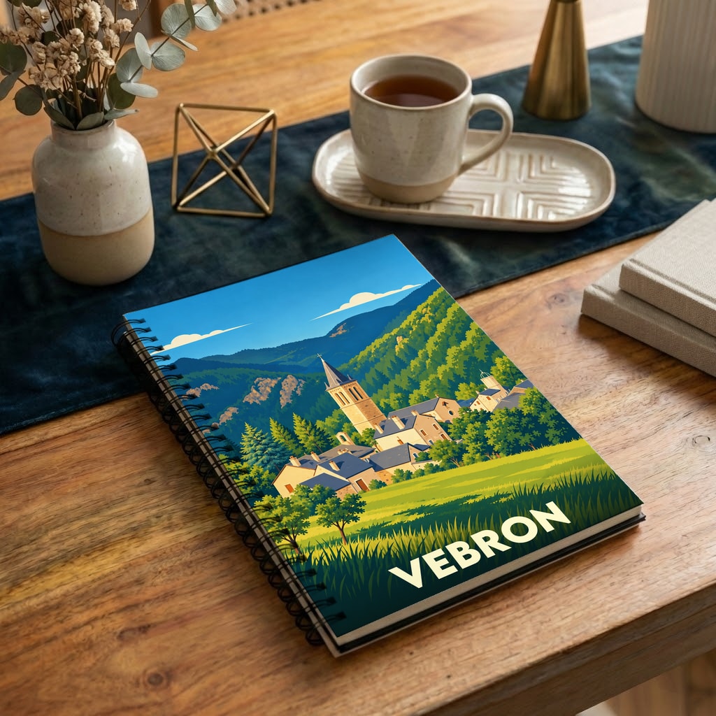 Carnet souvenir de la ville de Vebron avec une illustration stylisée de ses paysages.