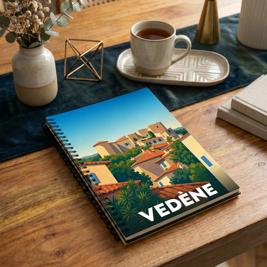 Carnet souvenir de la ville de Vedène avec une illustration stylisée de son architecture.