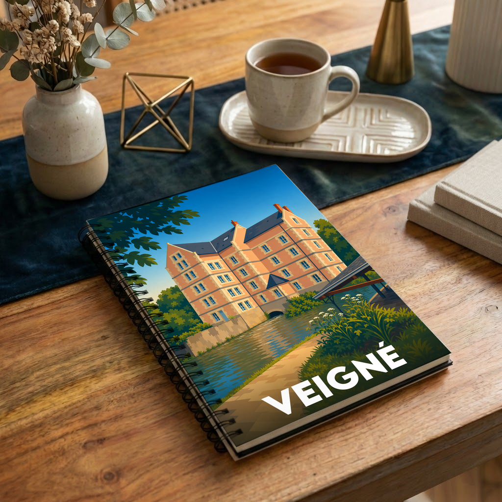 Carnet souvenir de la ville de Veigné avec une illustration stylisée de son patrimoine au bord de l'eau.
