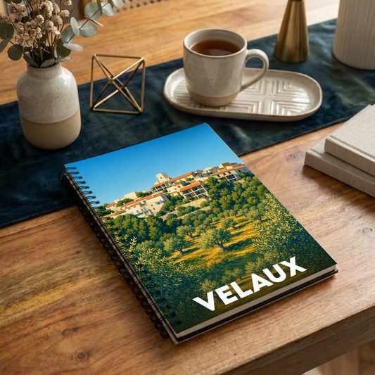 Carnet à spirales souvenir de la ville de Velaux avec une illustration stylisée d'un paysage provençal.