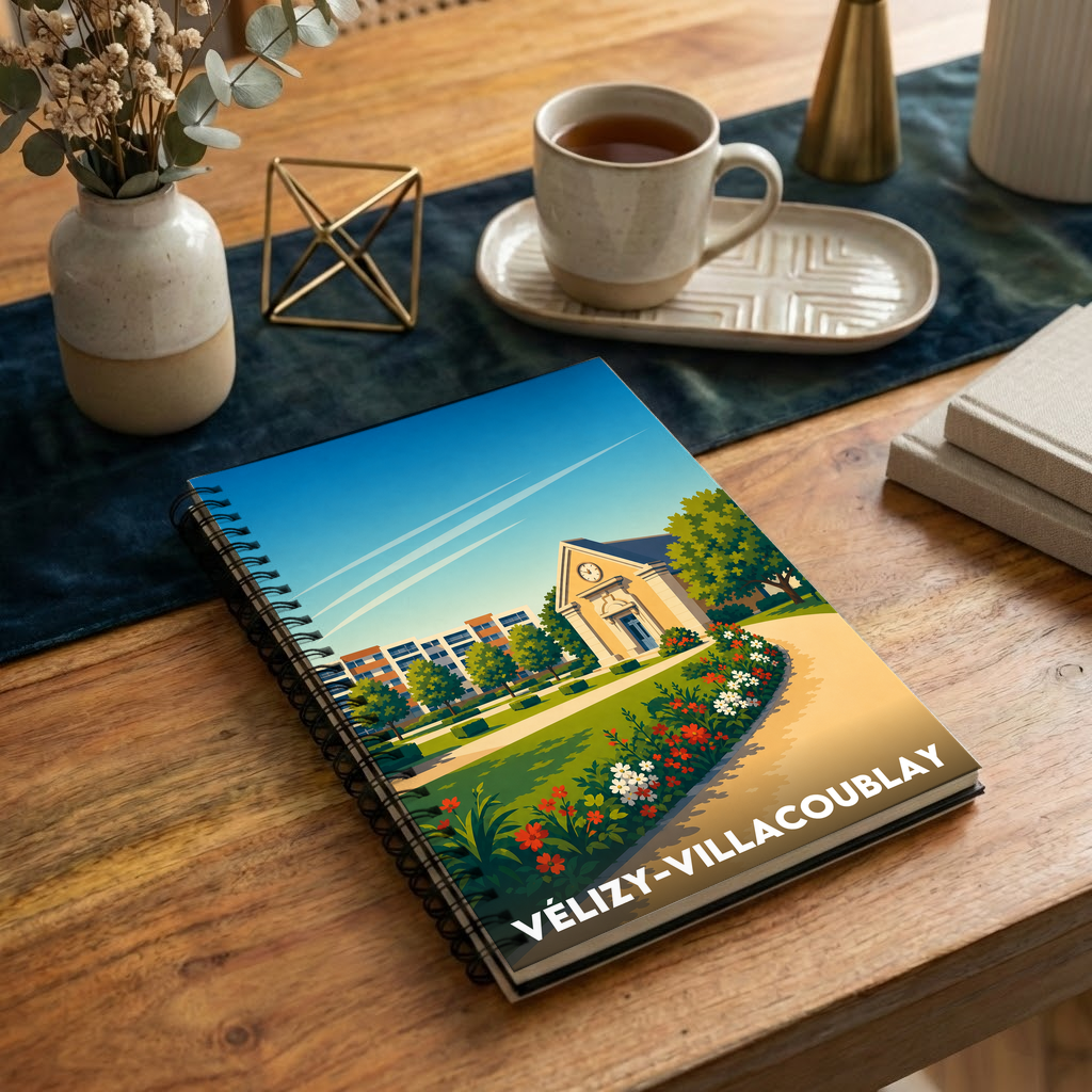 Carnet souvenir de la ville de Vélizy-Villacoublay avec une illustration graphique et colorée.