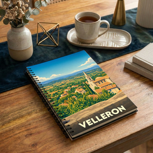Carnet à spirales souvenir de la ville de Velleron illustré par un paysage provençal stylisé.