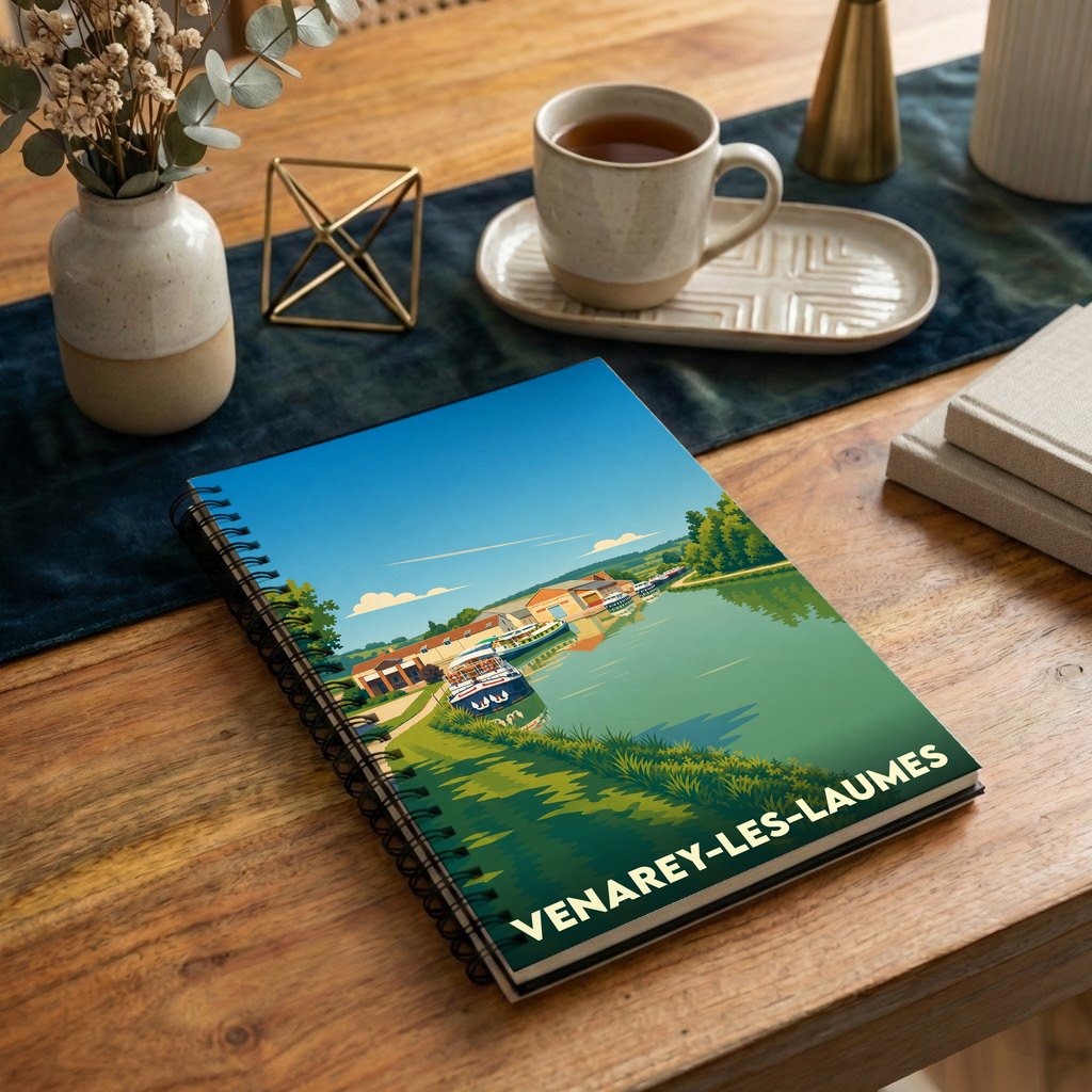 Carnet à spirales souvenir de la ville de Venarey-les-Laumes avec une illustration stylisée de son canal.