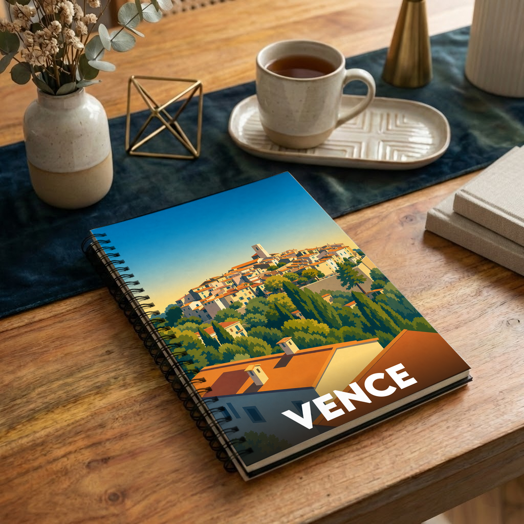 Carnet souvenir de la ville de Vence avec une illustration stylisée.