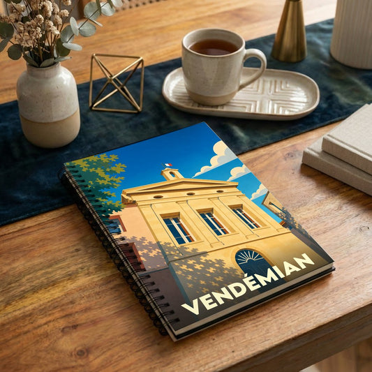 Carnet à spirale souvenir de la ville de Vendémian avec une illustration stylisée de son hôtel de ville.