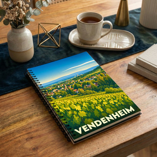 Carnet de notes à spirales souvenir de la ville de Vendenheim avec une illustration stylisée de vignobles et de paysages.