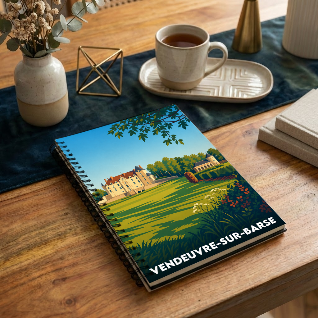 Carnet souvenir de la ville de Vendeuvre-sur-Barse avec une illustration stylisée d'un château.