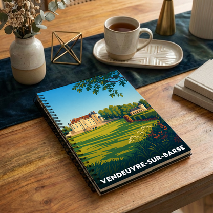 Carnet souvenir de la ville de Vendeuvre-sur-Barse avec une illustration stylisée d'un château.