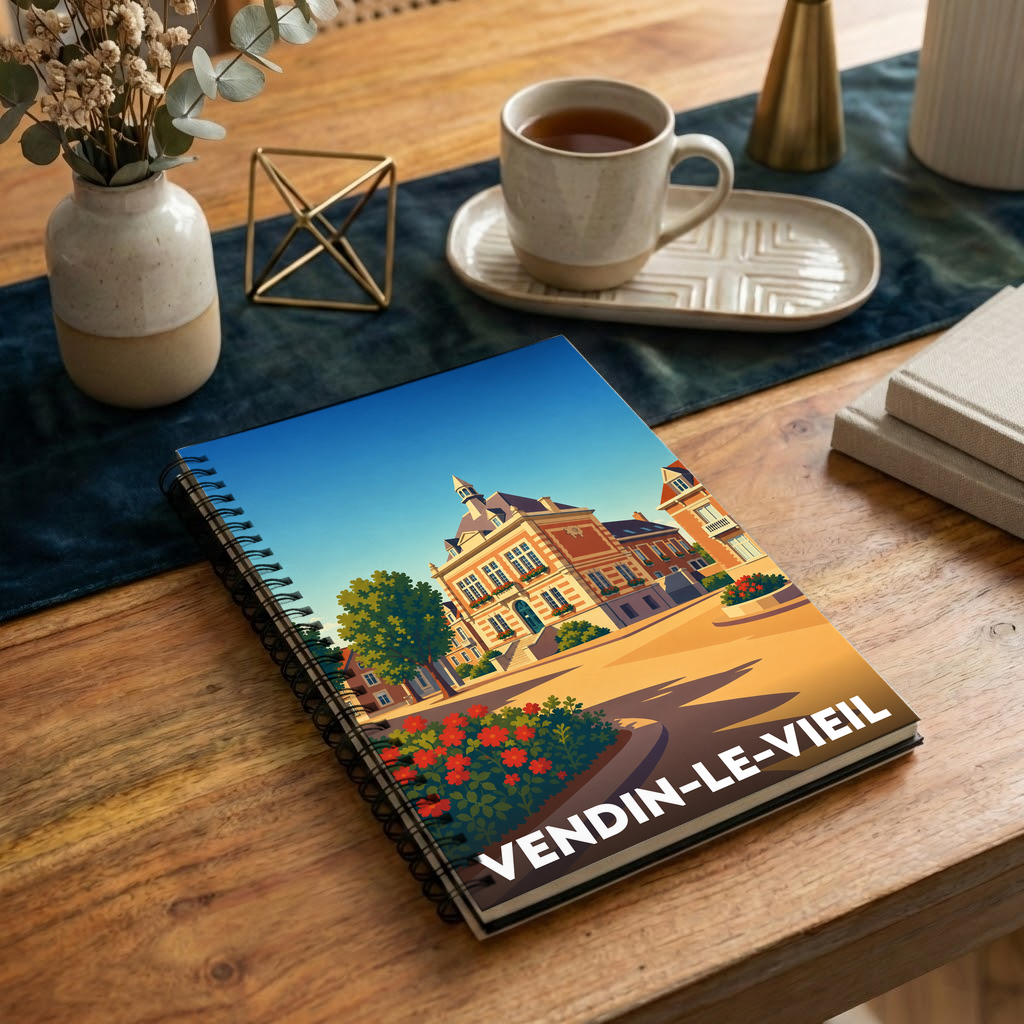 Carnet souvenir de la ville de Vendin-le-Vieil avec une illustration stylisée de son hôtel de ville.